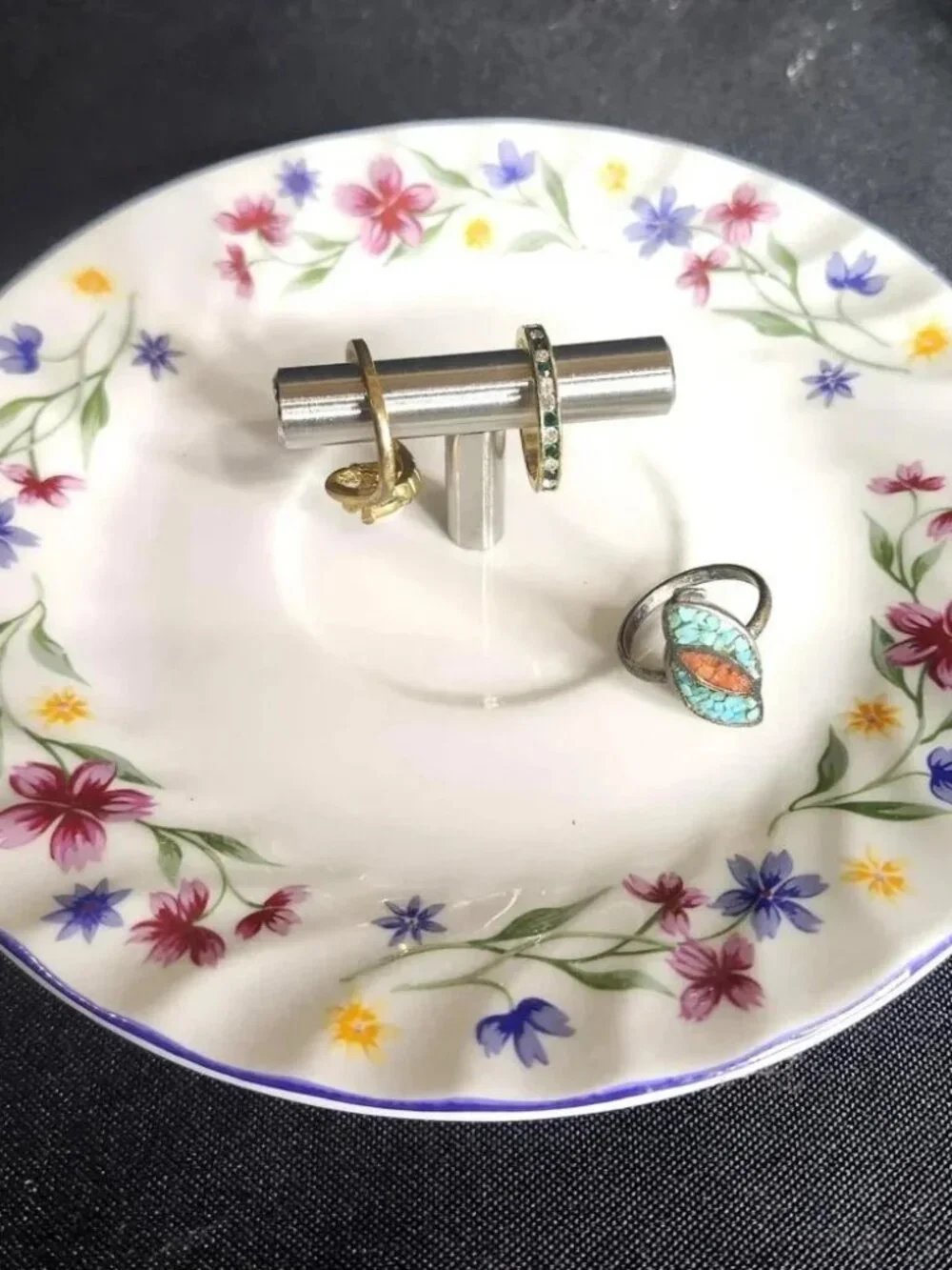 Vintage Floral Jewelry Dish Ring Holder Tray Upcycled Retro Vanity Organizer